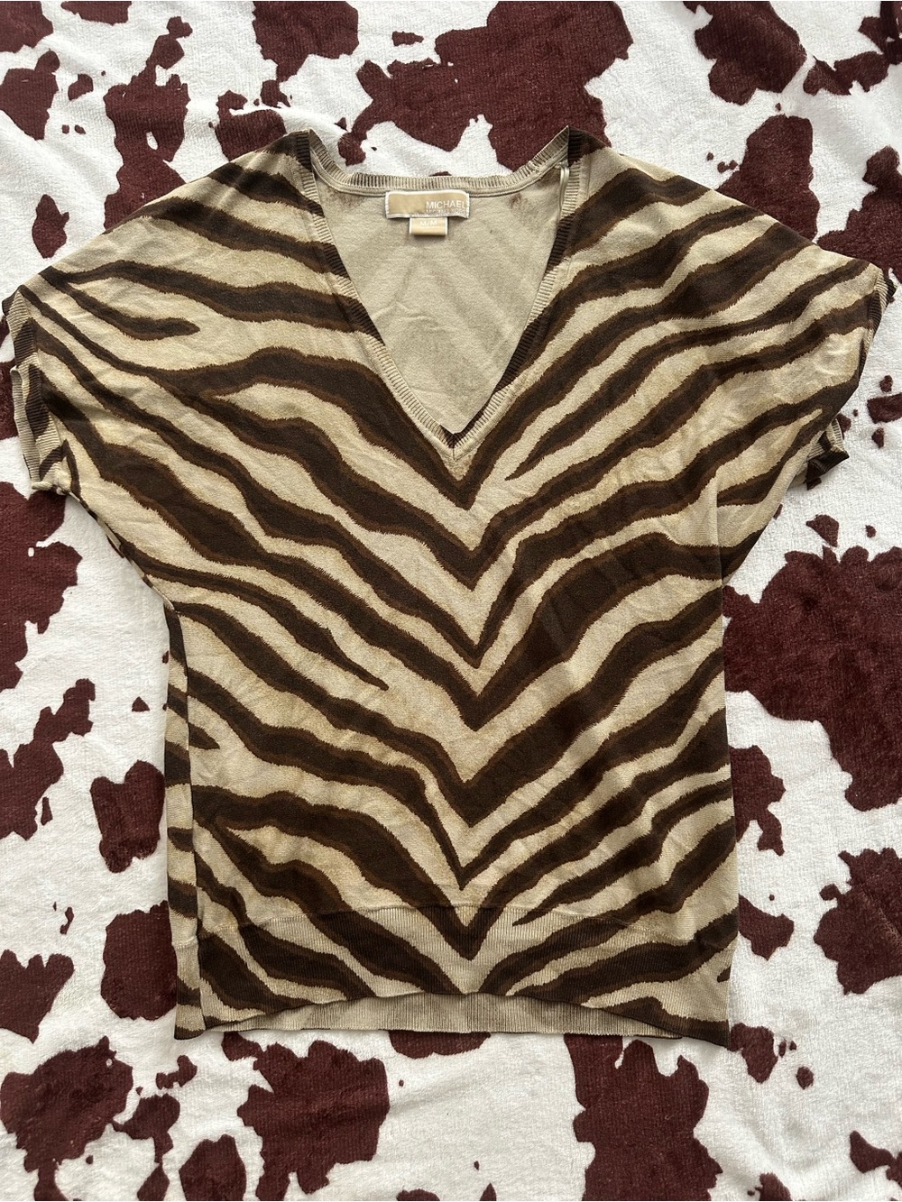 MICHAEL Michael Kors Taupe and Dark Brown Zebra V-Neck Top